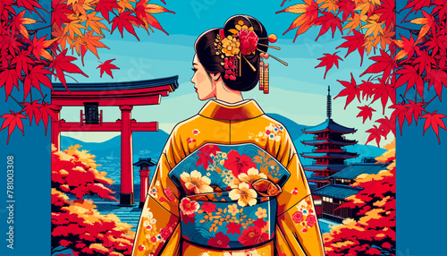 Concept of Kyoto in the autumn leaves. Vector illustration.