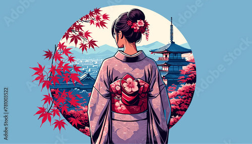 Concept of Kyoto in the autumn leaves. Vector illustration.