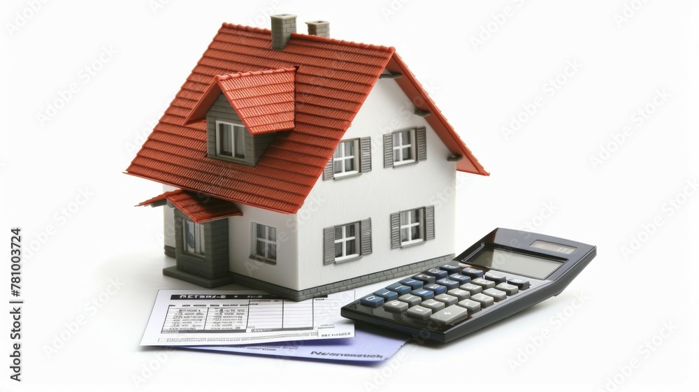 White house model with calculator on white - White house model with red roof alongside a calculator and mortgage papers on an isolated white background White house model with calculator on white - White house model with red roof alongside a calculator and mortgage papers on an isolated white background