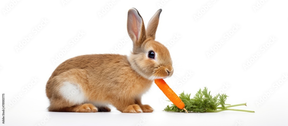 Rabbit nibbling on carrot on plain white floor - obrazy, fototapety, plakaty 
