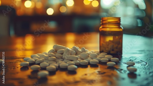 Medication pills spilled from a bottle - Moodily lit composition of assorted medication pills dispersed on a wooden surface, highlighting health concepts