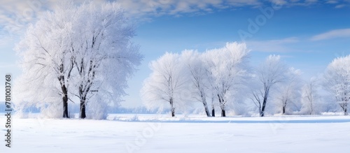 Snow and frost cover the trees in a field, creating a picturesque scene under the blue sky