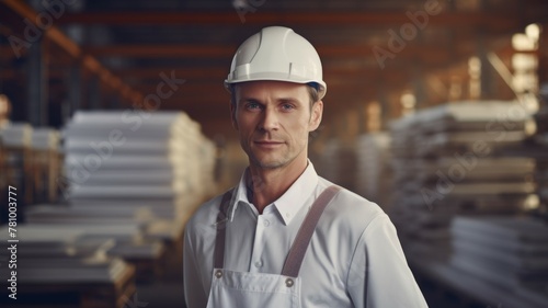 Confident workman at a lumber warehouse - Portrait of a confident male worker at a lumber warehouse wearing a hard hat and work overalls photo