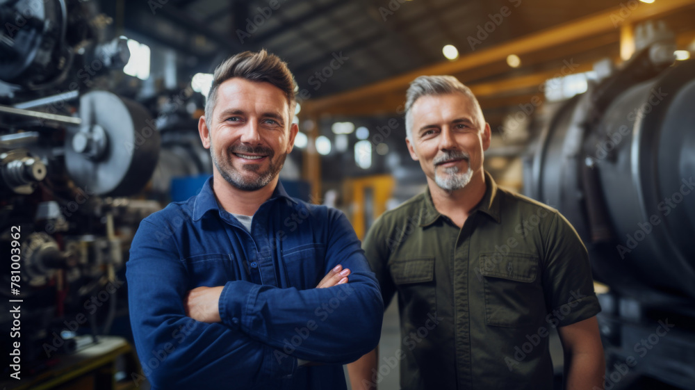Two smiling male workers in industrial setting - Smiling male colleagues with arms crossed standing confidently in a factory Two smiling male workers in industrial setting - Smiling male colleagues with arms crossed standing confidently in a factory