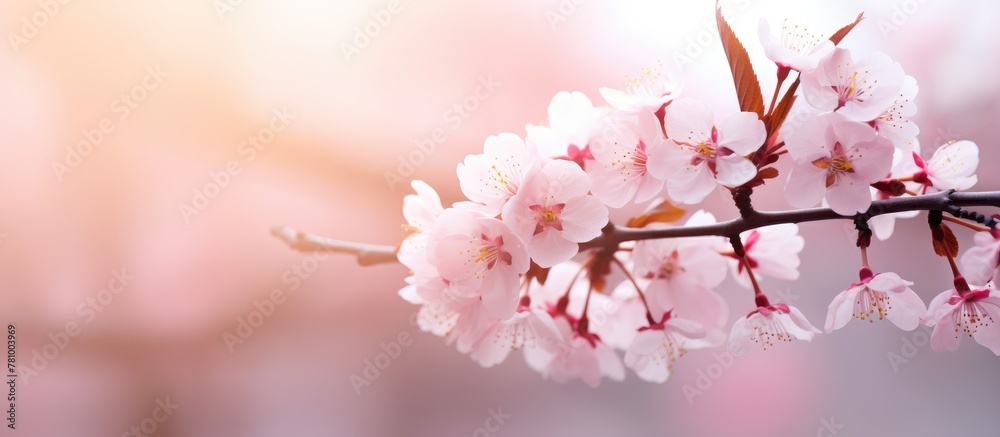 Focusing on a branch of a cherry tree adorned with delicate pink flowers, capturing the beauty of nature up close