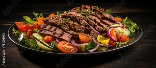 Plate filled with delicious cooked meat and assorted fresh vegetables up close