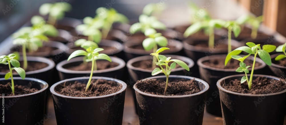 Multiple small pots containing various plants arranged in a close-up shot. Multiple small pots containing various plants arranged in a close-up shot.