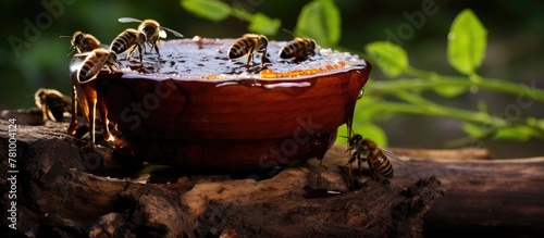 Several bees gathered around a bowl of honey placed on a tree stump in a natural setting