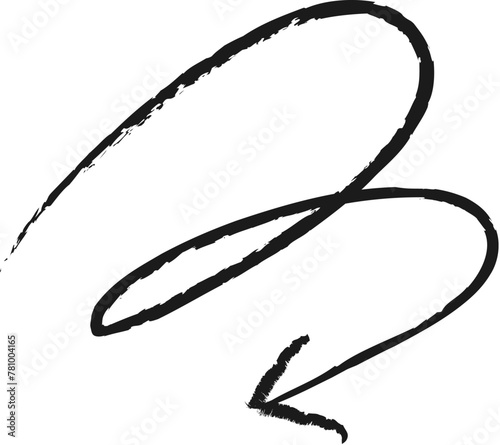 Hand painted curved arrow drawn with ink brush showing the concept of decreasing