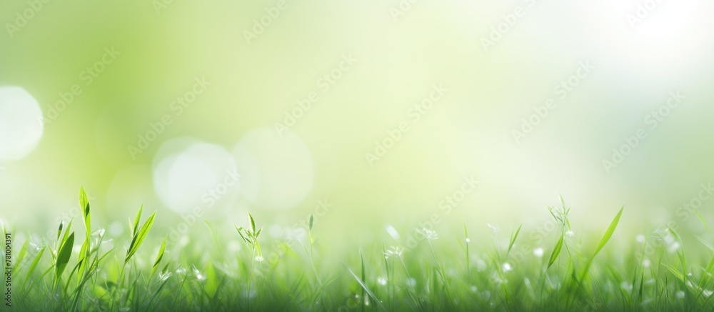 Obraz premium Fresh green grass blades with tiny water droplets glistening in the sunlight