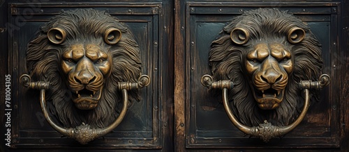 Close-up of a wooden door featuring intricately designed lion head knockers in Warsaw