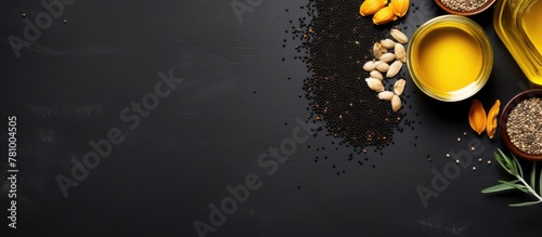 Assorted seeds, spices, and herbs displayed with a bottle of olive oil on a sleek black background