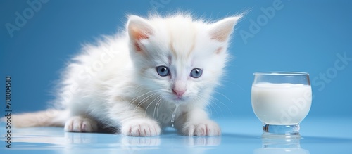 Playful white kitten sitting next to a glass of fresh milk, ready for a cozy moment
