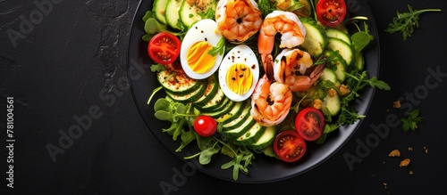 A delicious meal served on a plate featuring succulent shrimp, fresh cucumber slices, ripe tomatoes, and perfectly boiled eggs