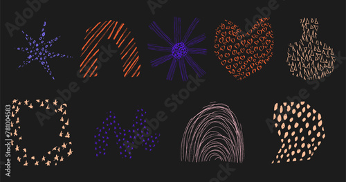 Fototapeta Naklejka Na Ścianę i Meble -  Abstract textured shapes set. Collection contemporary hand drawn scribble shape. Nature organic fantastic elements. Vector illustration isolated on black background