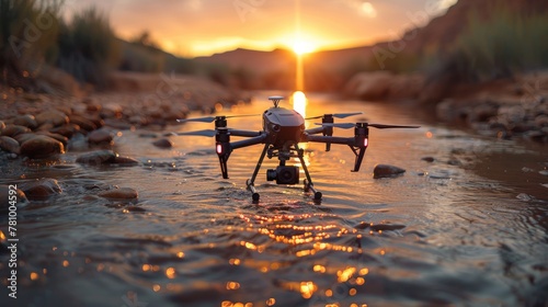 Technology drone flying to monitor above river analysis to drought crisis.