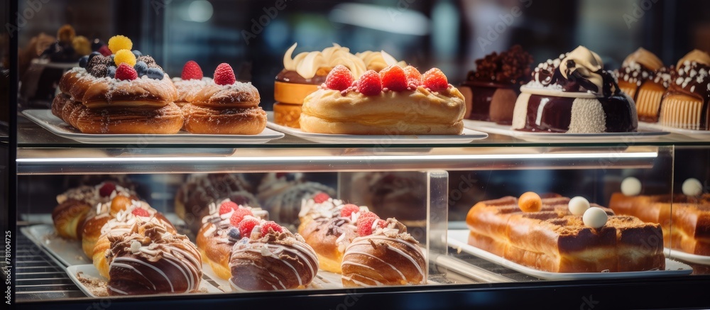 Assorted cakes displayed in a showcase close-up view, showcasing a variety of delicious treats