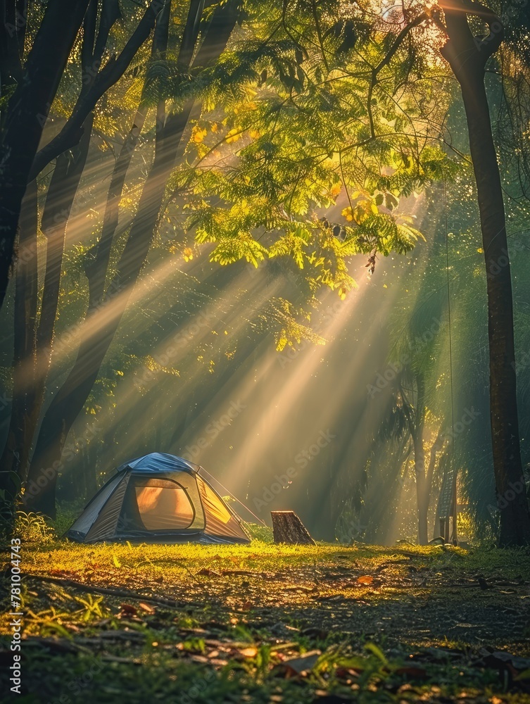 Tent in woods with magical sunlight streaks - This picturesque photo ...