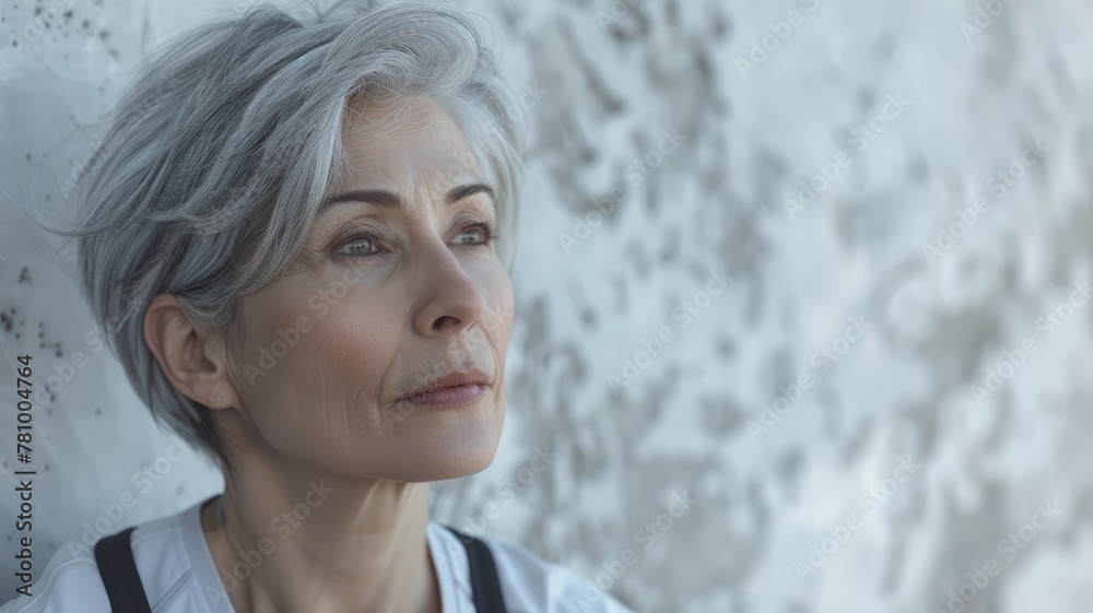 Serene mature woman with silver hair - Thoughtful mature woman with silver hair reflects near a textured light background with a contemplative expression