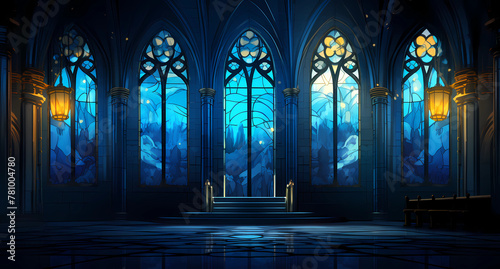 Gothic style stained glass windows in blue and gold