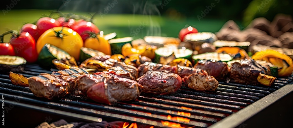 Various types of meat sizzling on the grill outdoors creating a delicious barbecue spread
