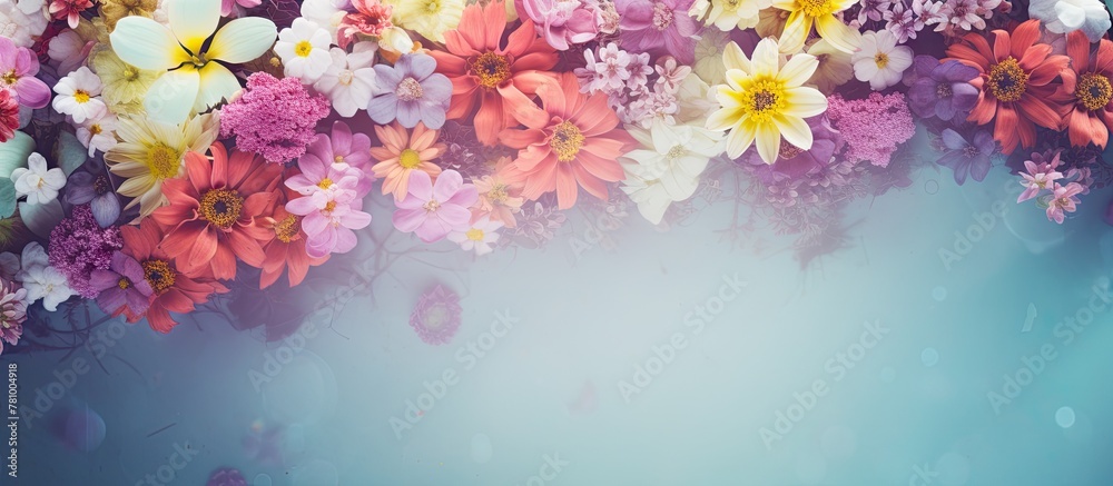 Obraz premium Various vibrant flowers of different hues stand out beautifully against a serene blue background