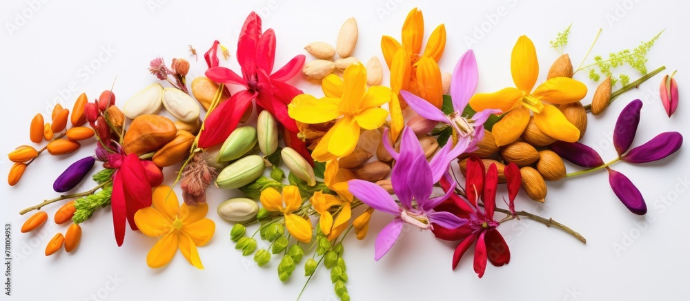 Various flowers and nuts arranged closely on a clean white surface, creating a vibrant and textured display Various flowers and nuts arranged closely on a clean white surface, creating a vibrant and textured display