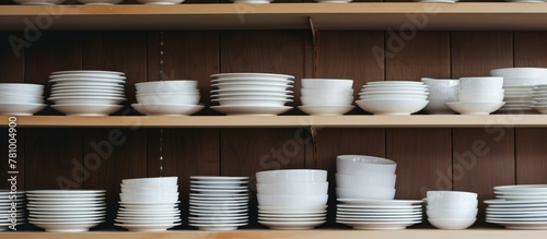Display of numerous white plates, bowls, and cups neatly arranged on a shelf