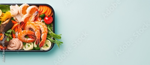 Tray filled with rows of succulent shrimp and fresh assorted vegetables, perfect for a healthy diet meal