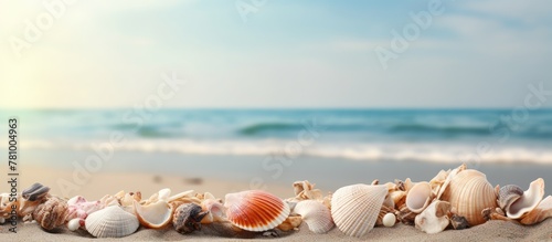 Row of assorted seashells arranged neatly along the sandy beach