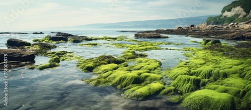 Green algae coats the rough rocks scattered across the coastal area © Ilgun