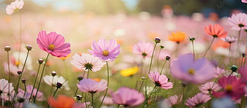 Field filled with various colorful flowers blooming across the landscape under the sun