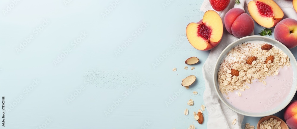 Bowl filled with nutritious oatmeal topped with fresh peaches and crunchy almonds Bowl filled with nutritious oatmeal topped with fresh peaches and crunchy almonds