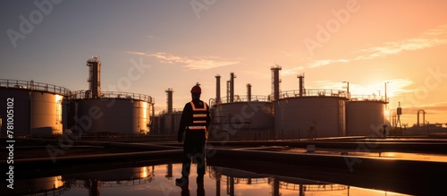 Worker in industrial uniform standing in front of a large oil refinery during sunset