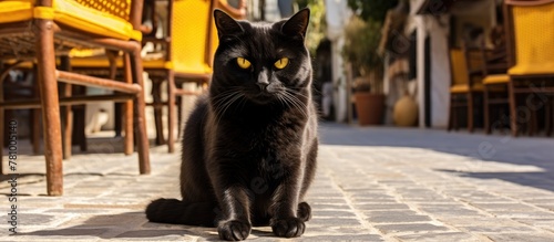 The black feline relaxes comfortably on the textured cobblestone road