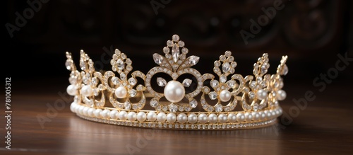 Exquisite regal crown adorned with lustrous pearls and dazzling diamonds, symbolizing opulence and royalty