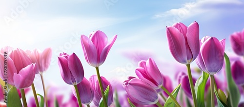 Lush purple tulips bloom abundantly in a vast field against a backdrop of a serene  azure sky