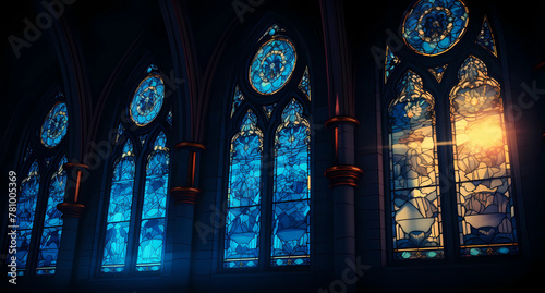 Gothic style stained glass windows in blue and gold
