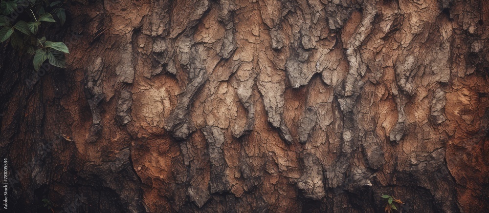 A detailed view of a tree trunk with a small plant growing on its surface, showcasing nature's resilience and beauty