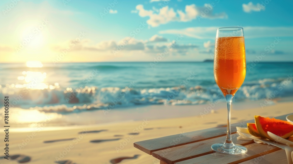 Beverage glass on beach table with sunrise and sea background Beverage glass on beach table with sunrise and sea background