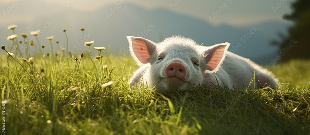 Laid-back pig enjoying a peaceful moment in lush pasture Laid-back pig enjoying a peaceful moment in lush pasture
