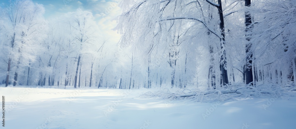 A serene winter scene of snow-covered trees in a forest under a clear blue sky with fluffy clouds A serene winter scene of snow-covered trees in a forest under a clear blue sky with fluffy clouds