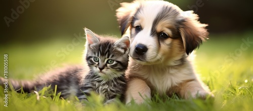 Adorable young dog and cat relaxing together on lush outdoor lawn
