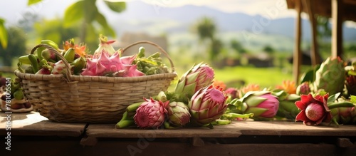 Assorted flowers displayed in a basket placed on a table, showcasing a variety of colorful blooms photo