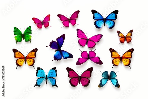 butterflies in different colors isolated on a white solid background