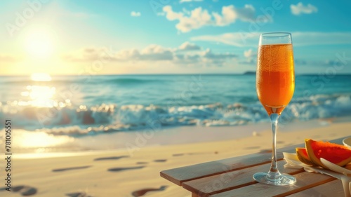 Beverage glass on beach table with sunrise and sea background