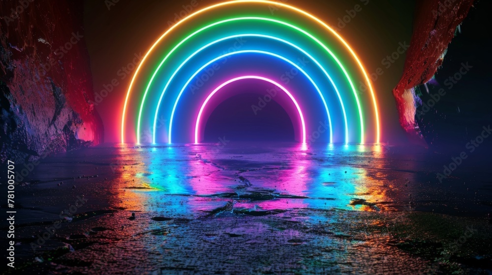 A neon rainbow bursts forth from the black emptiness filling it with vivid light A neon rainbow bursts forth from the black emptiness filling it with vivid light