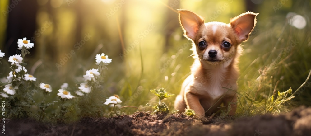 A tiny chihuahua puppy frolicking in a natural setting, displaying its playful nature.