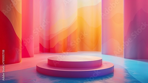 Creative 3D podium in an abstract art gallery, vibrant colors, dynamic shapes