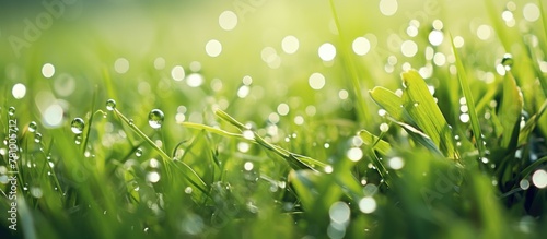 Fresh dew drops glisten on green blades of grass in the gentle morning sunlight